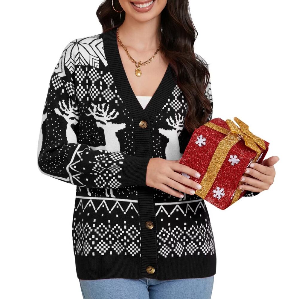 Christmas Ugly Sweater Cardigan Santa Reindeer Button Front Knit Size S